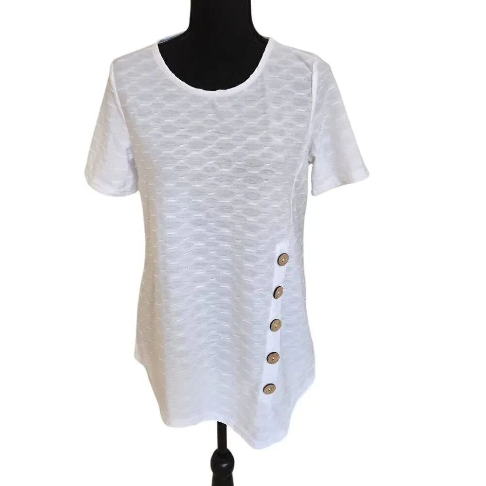 Multiples Womens Geometric Jacquard Side Button Short Sleeve Top White Small